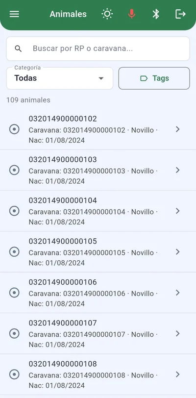 Lista de animales con buscador por RP o caravana, categorías y tags