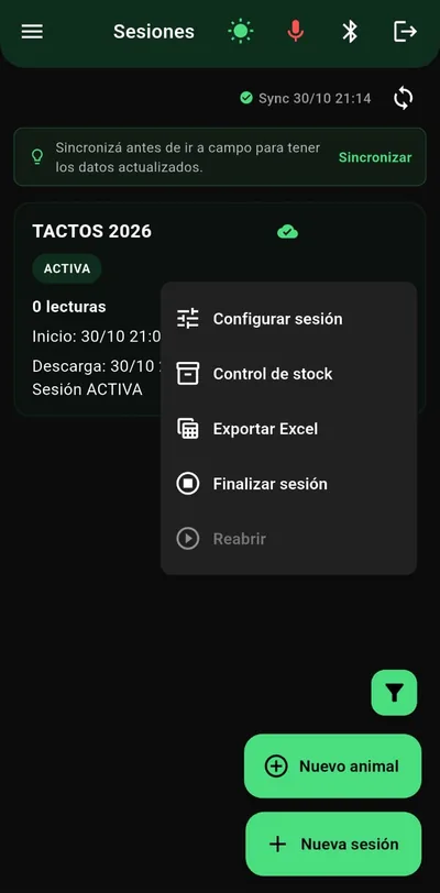 Menú de una sesión en modo oscuro: configurar, control de stock, exportar Excel y finalizar