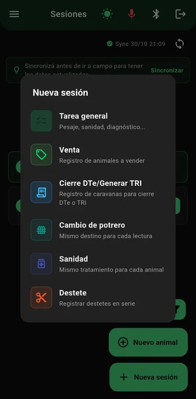 Nueva sesión en modo oscuro: tarea general, venta, cierre DTe, cambio de potrero, sanidad y destete