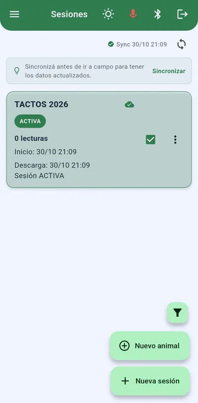 Pantalla de sesiones de la app GEN.ar con una sesión de tactos activa